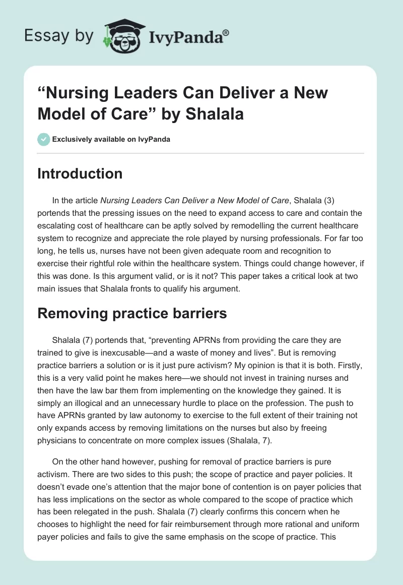 “Nursing Leaders Can Deliver a New Model of Care” by Shalala. Page 1
