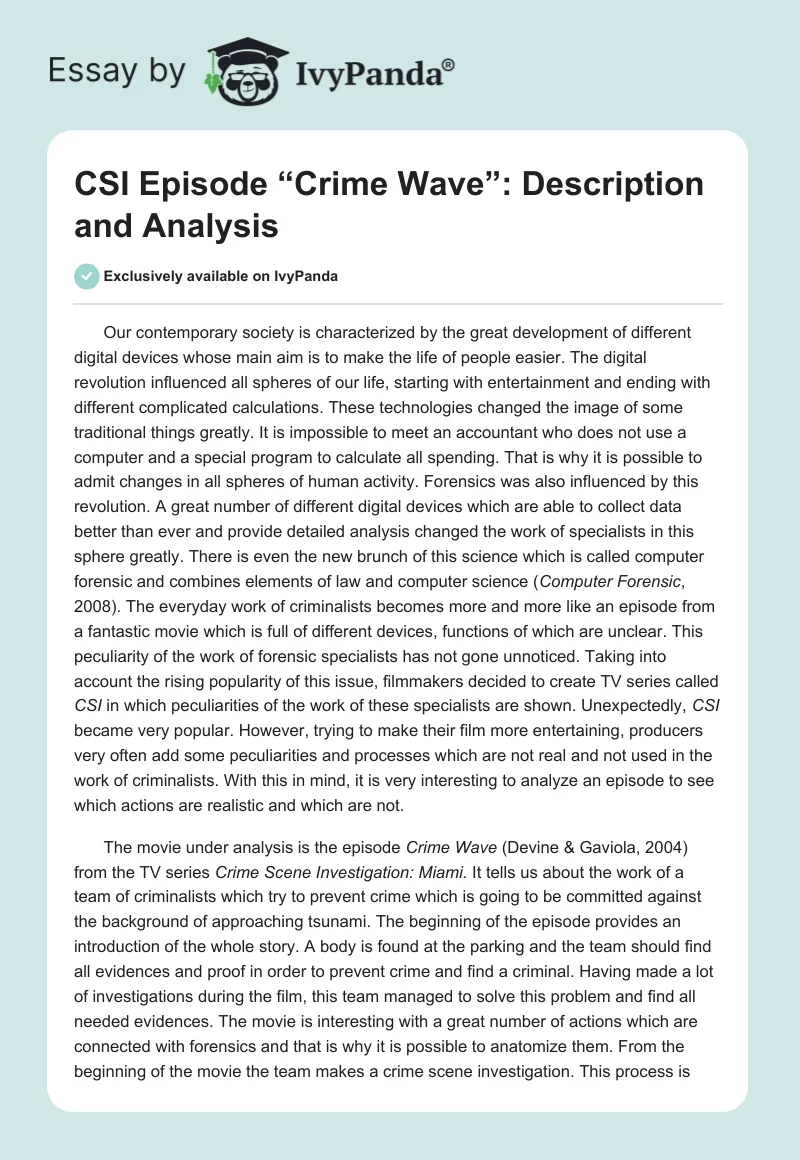 CSI Episode “Crime Wave”: Description and Analysis. Page 1