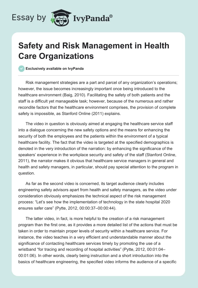 Safety and Risk Management in Health Care Organizations. Page 1