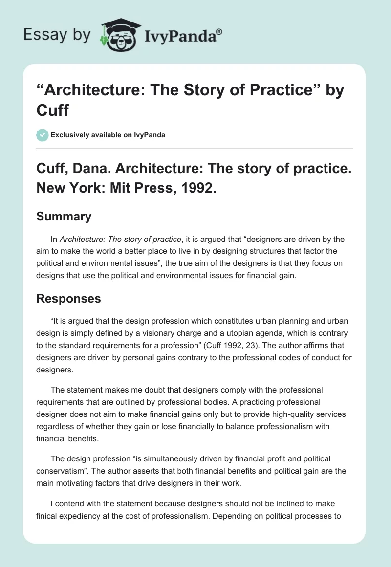 “Architecture: The Story of Practice” by Cuff. Page 1