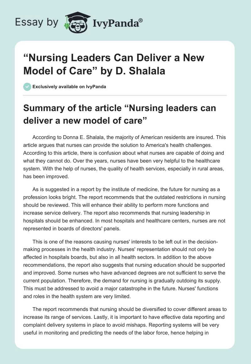 “Nursing Leaders Can Deliver a New Model of Care” by D. Shalala. Page 1