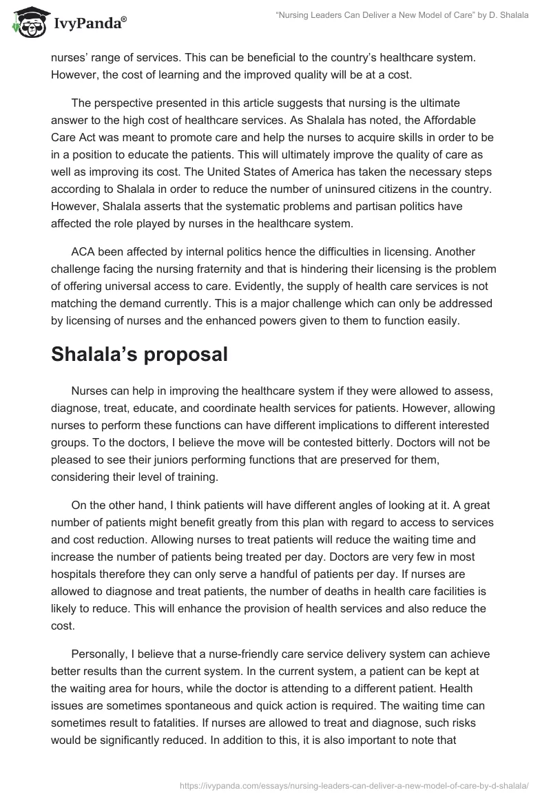 “Nursing Leaders Can Deliver a New Model of Care” by D. Shalala. Page 3