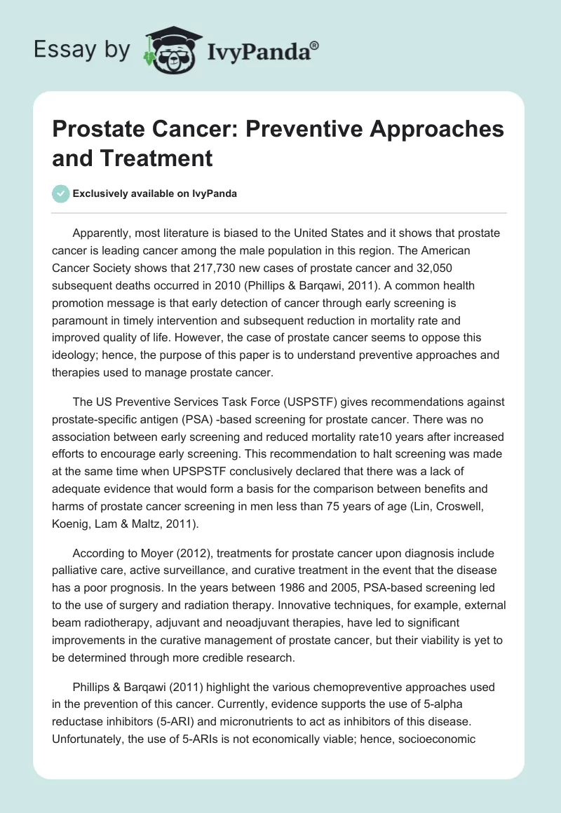 Prostate Cancer: Preventive Approaches and Treatment. Page 1