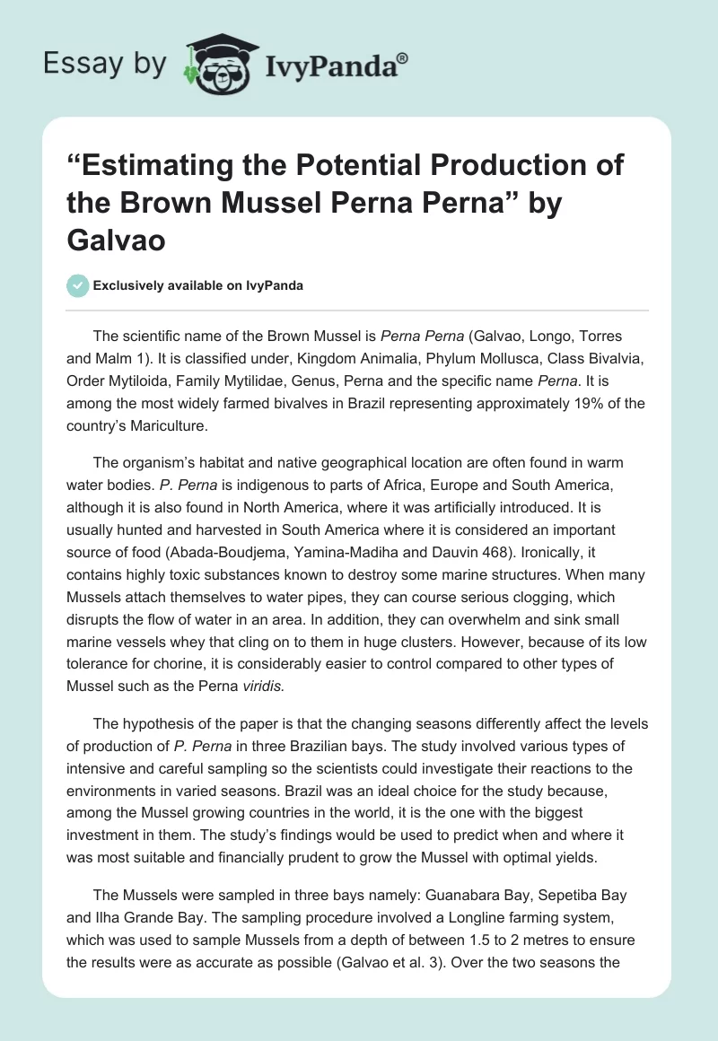“Estimating the Potential Production of the Brown Mussel Perna Perna” by Galvao. Page 1