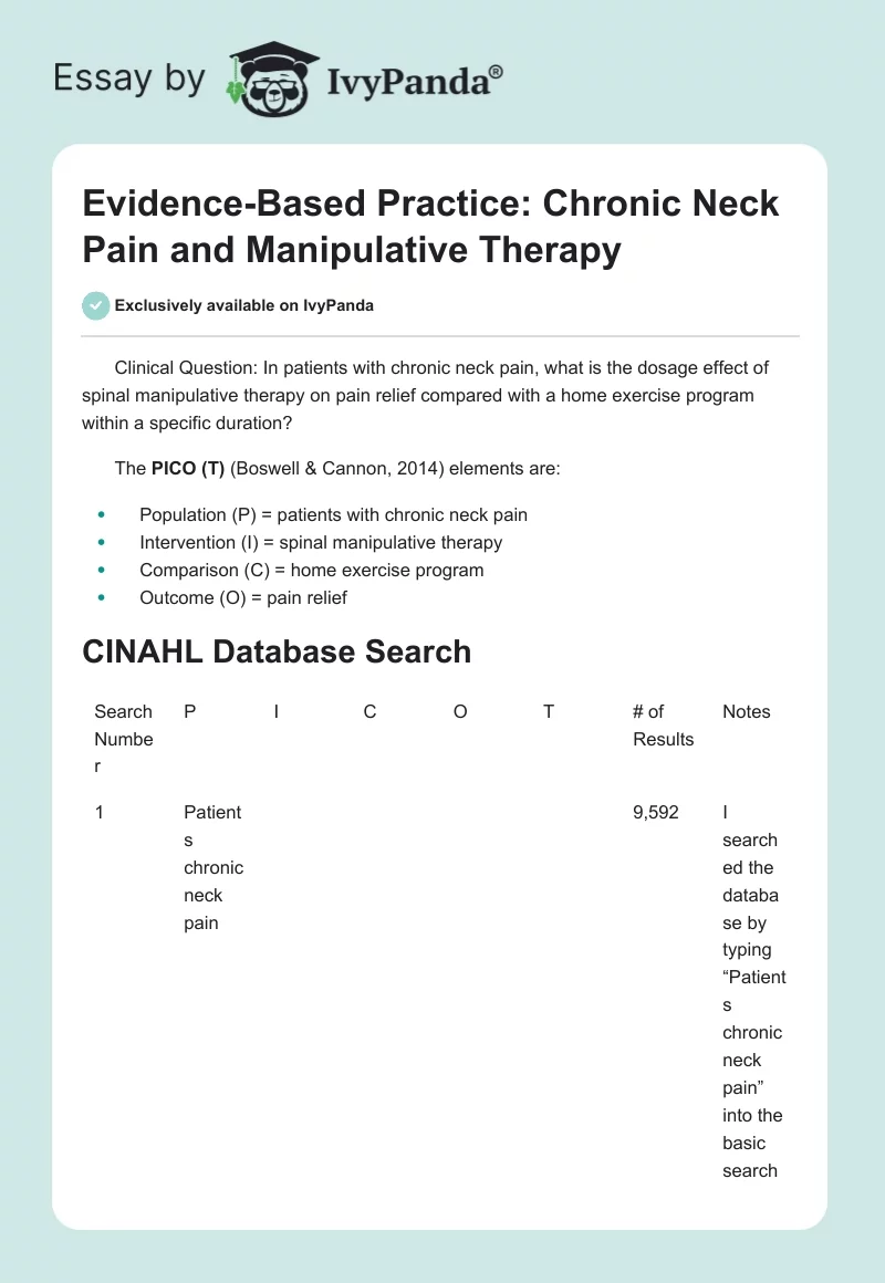Evidence-Based Practice: Chronic Neck Pain and Manipulative Therapy. Page 1