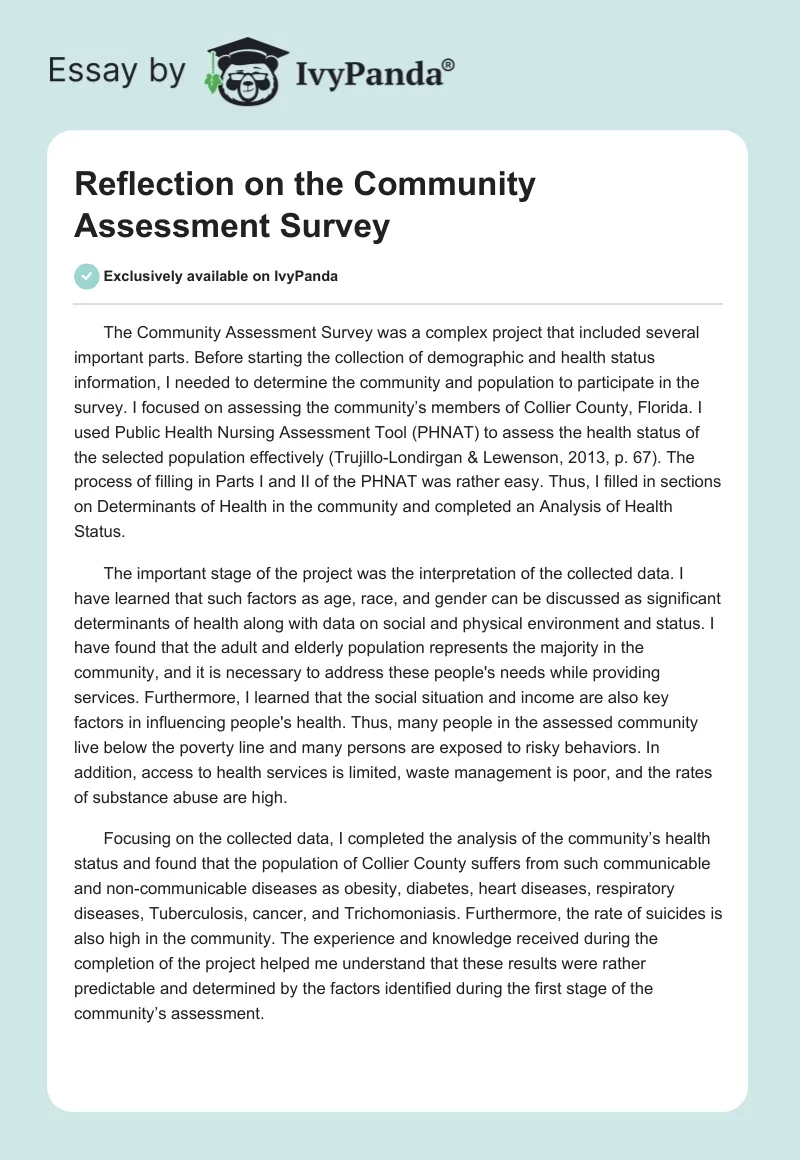 Reflection on the Community Assessment Survey. Page 1