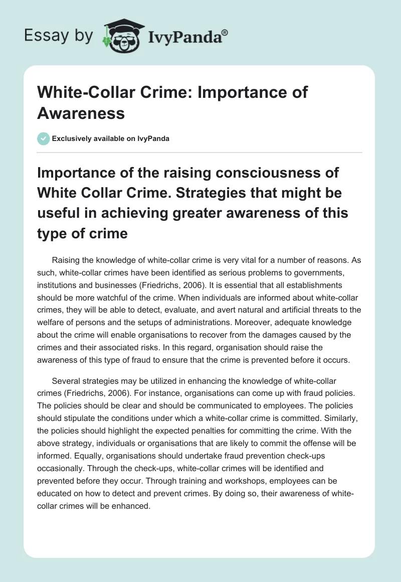 White-Collar Crime: Importance of Awareness. Page 1