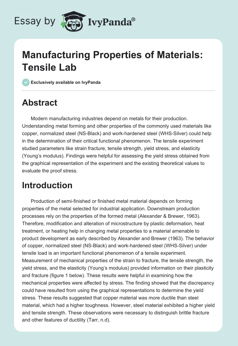 Manufacturing Properties of Materials: Tensile Lab. Page 1
