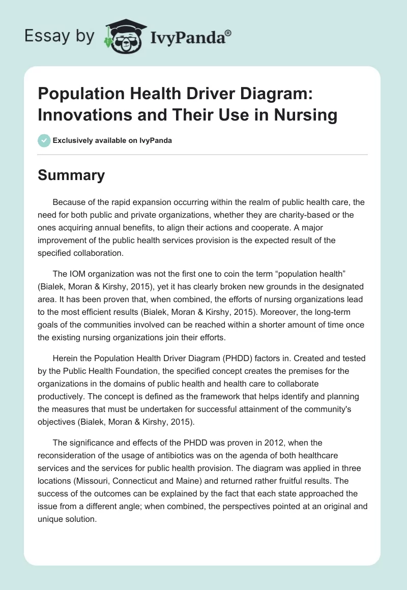 Population Health Driver Diagram: Innovations and Their Use in Nursing. Page 1