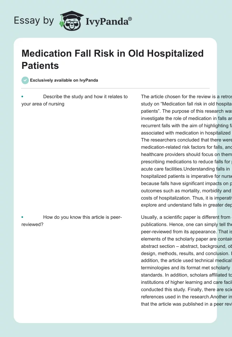 Medication Fall Risk in Old Hospitalized Patients. Page 1