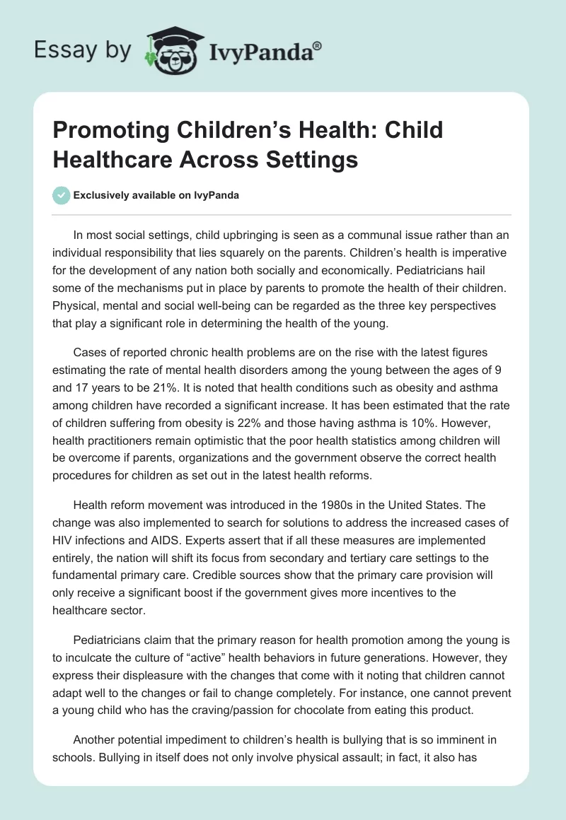 Promoting Children’s Health: Child Healthcare Across Settings. Page 1