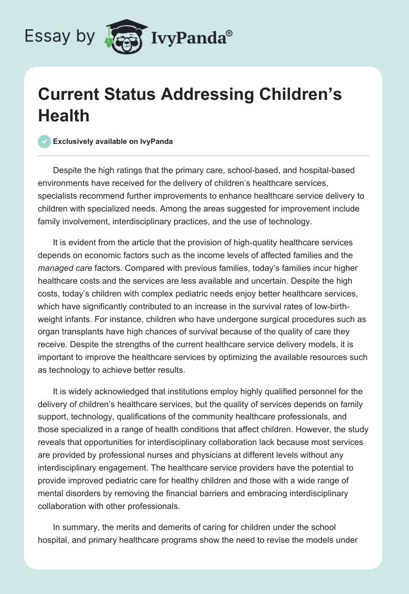 Current Status Addressing Children’s Health. Page 1