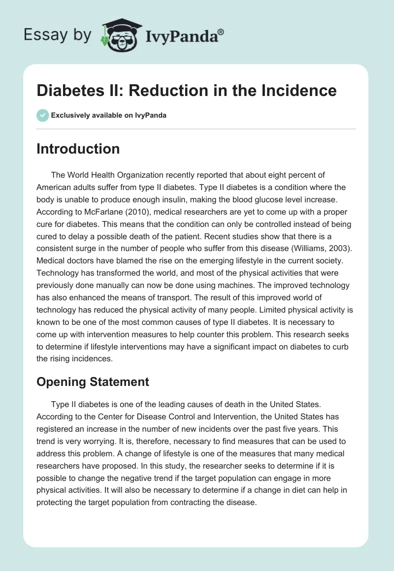 Diabetes II: Reduction in the Incidence. Page 1