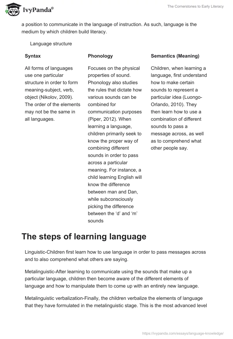 The Cornerstones to Early Literacy. Page 2