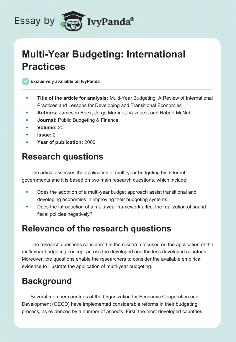 Multi-Year Budgeting: International Practices. Page 1