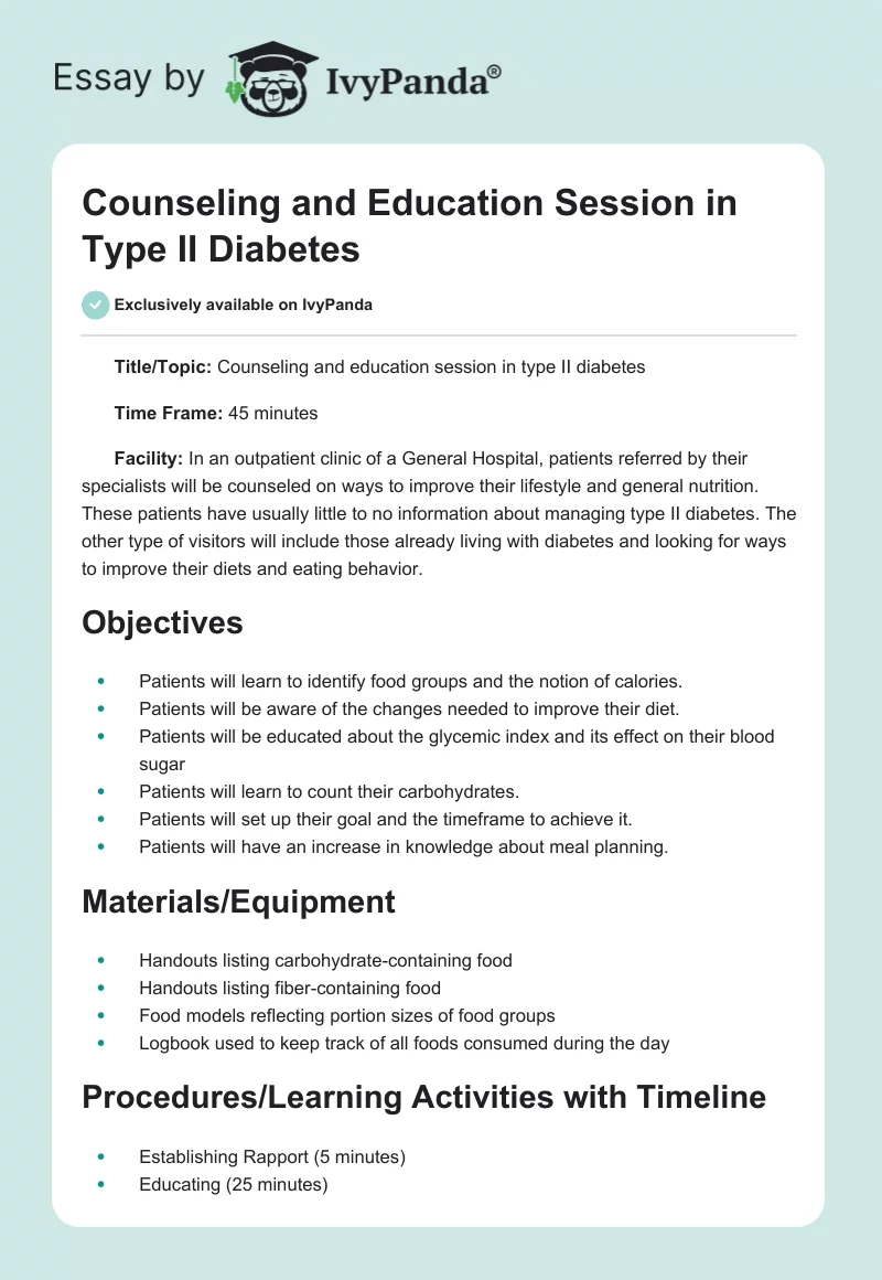 Counseling and Education Session in Type II Diabetes. Page 1