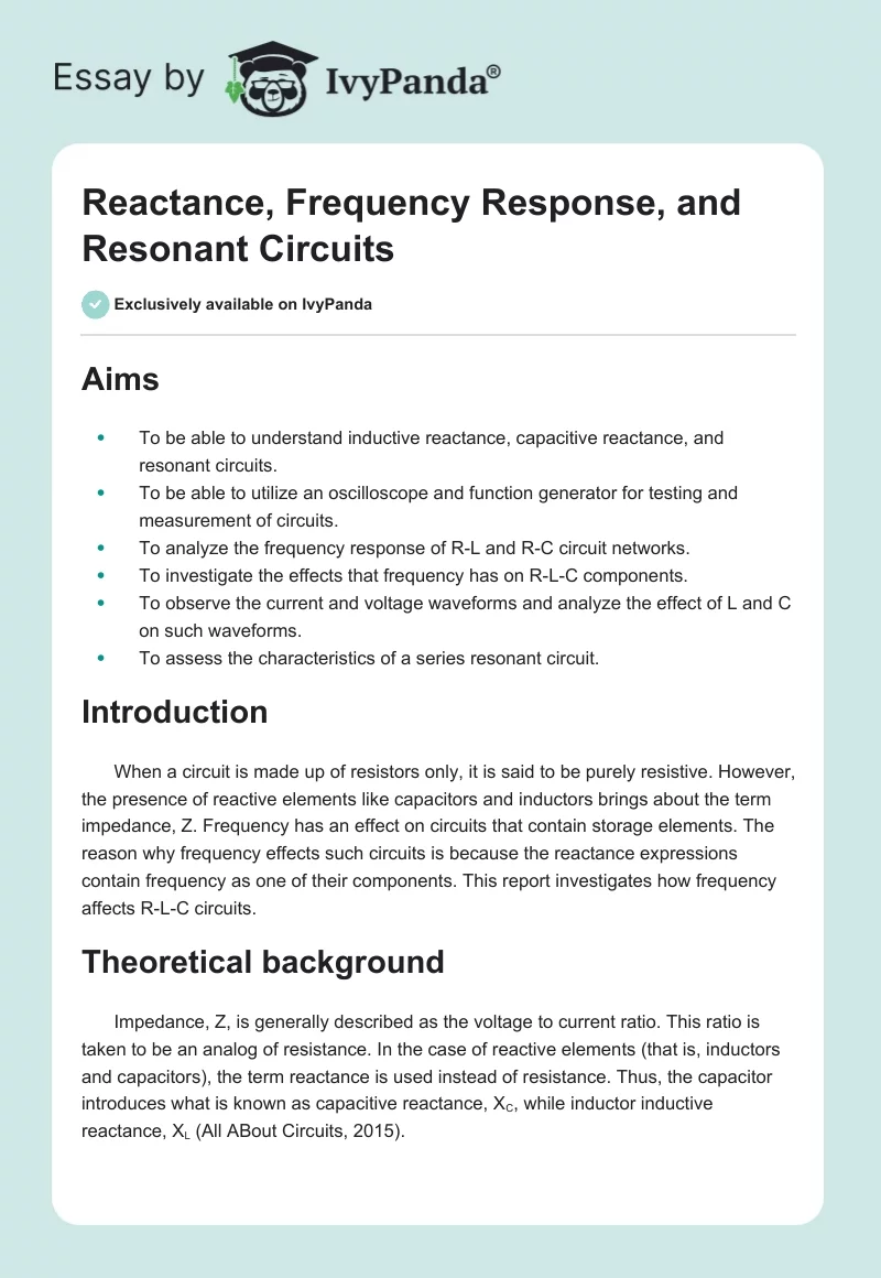 Reactance, Frequency Response, and Resonant Circuits. Page 1