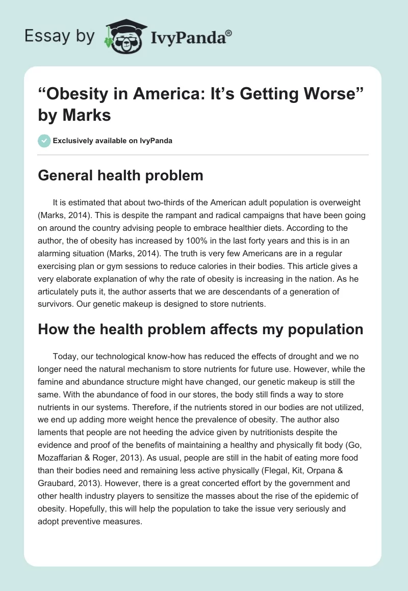 “Obesity in America: It’s Getting Worse” by Marks. Page 1