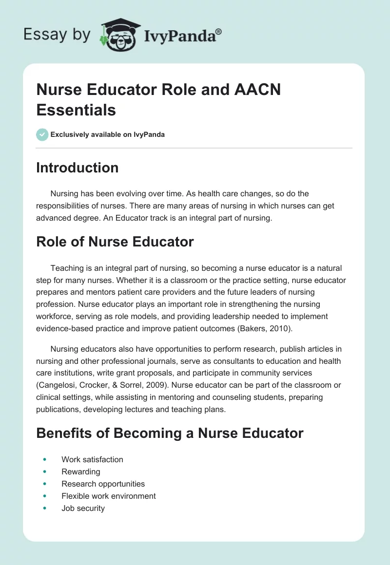 Nurse Educator Role and AACN Essentials. Page 1