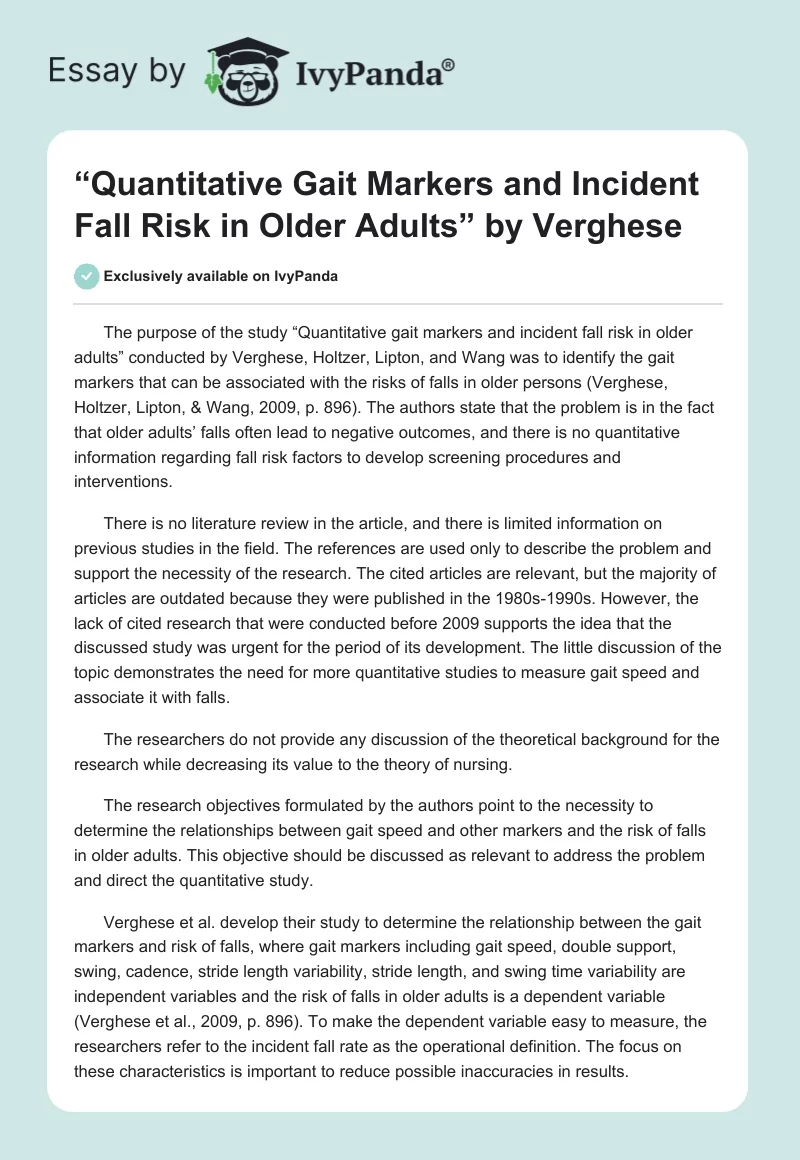 “Quantitative Gait Markers and Incident Fall Risk in Older Adults” by Verghese. Page 1