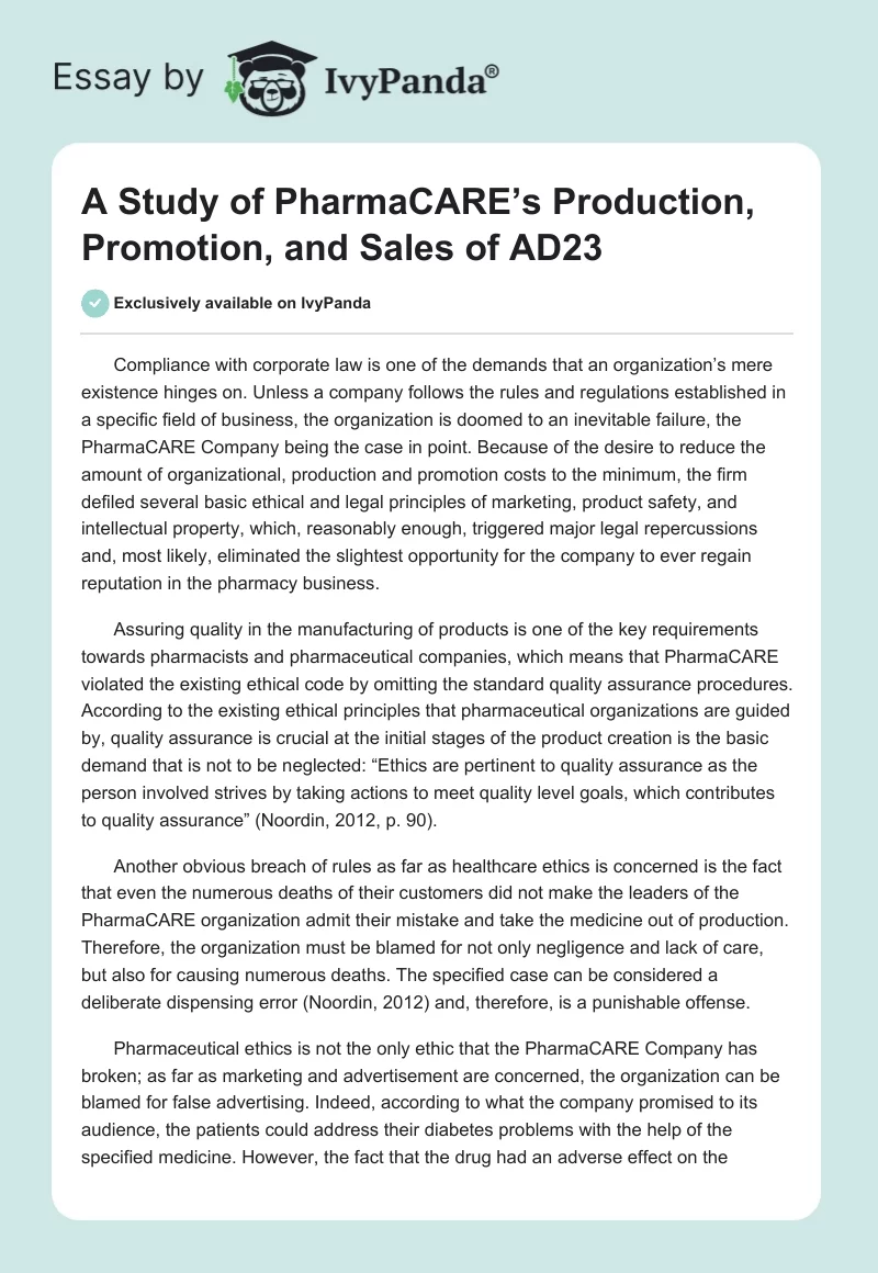 A Study of PharmaCARE’s Production, Promotion, and Sales of AD23. Page 1