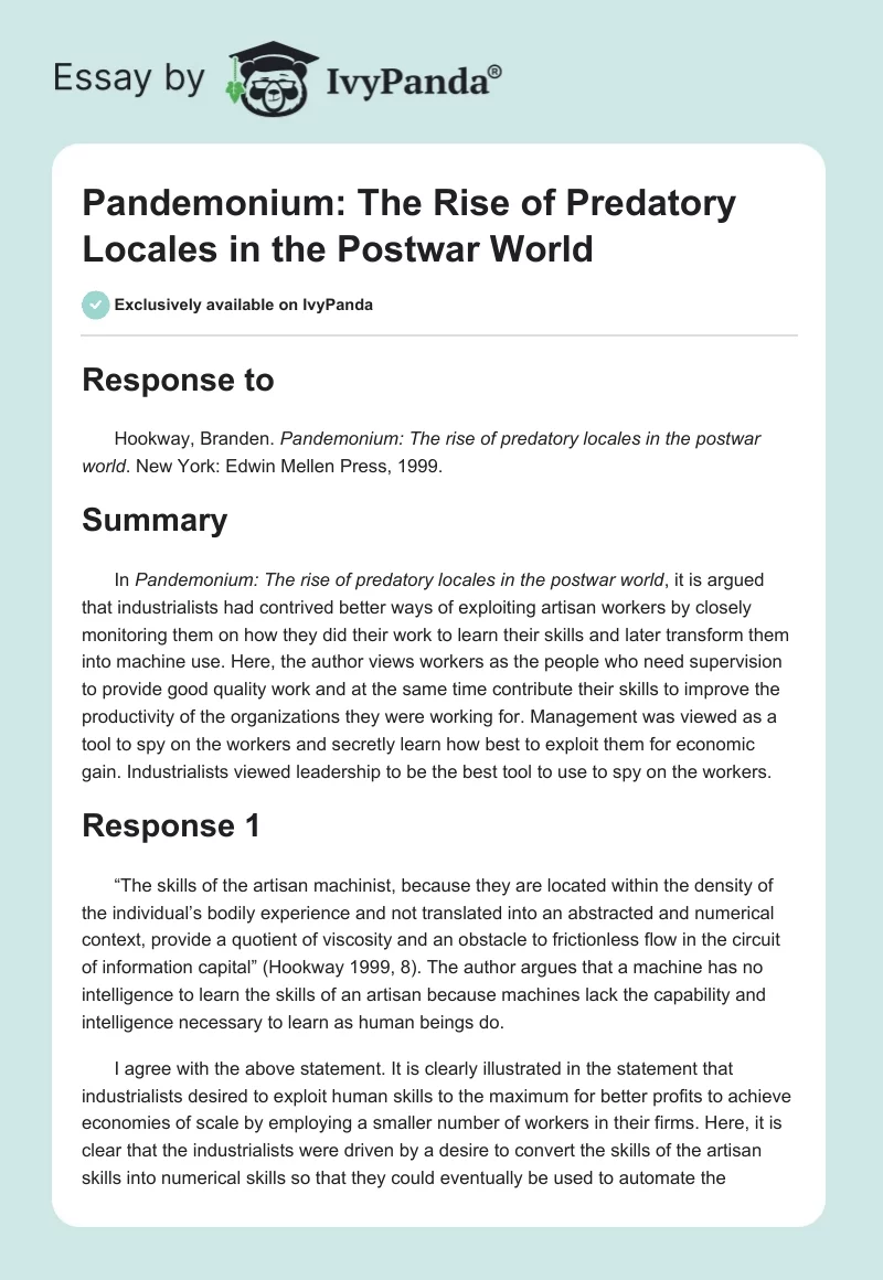 Pandemonium: The Rise of Predatory Locales in the Postwar World. Page 1