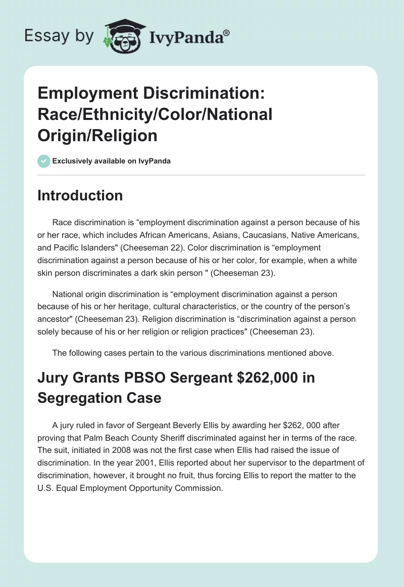Employment Discrimination: Race/Ethnicity/Color/National Origin/Religion. Page 1