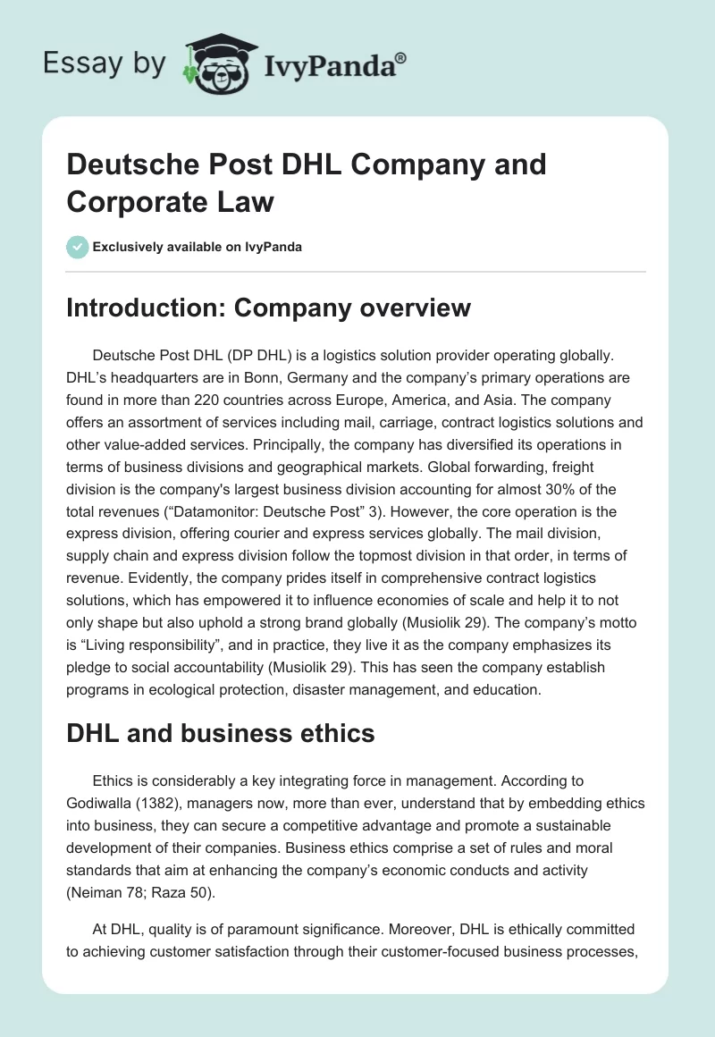 Deutsche Post DHL Company and Corporate Law. Page 1