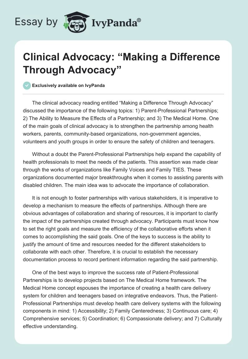 Clinical Advocacy: “Making a Difference Through Advocacy”. Page 1