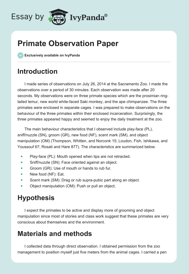 Primate Observation Paper. Page 1