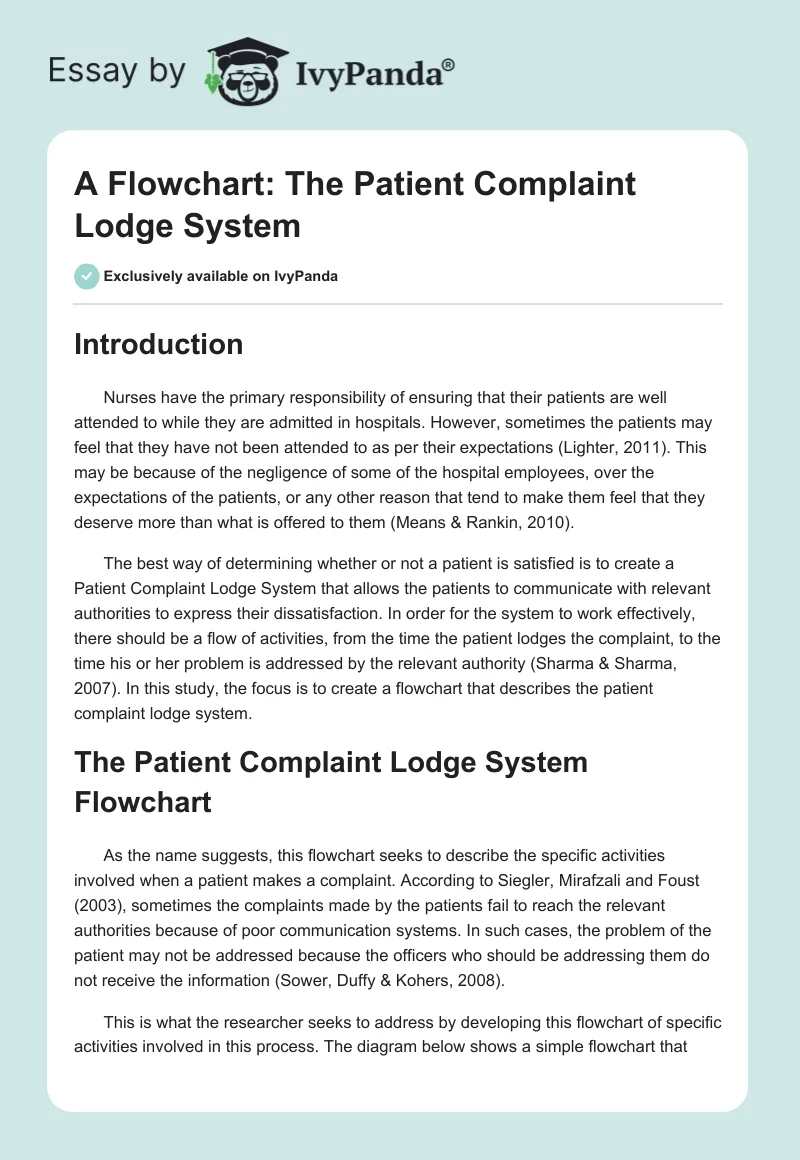 A Flowchart: The Patient Complaint Lodge System. Page 1