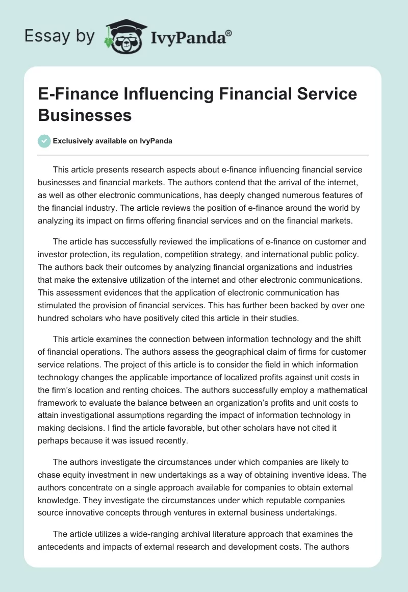 E-Finance Influencing Financial Service Businesses. Page 1