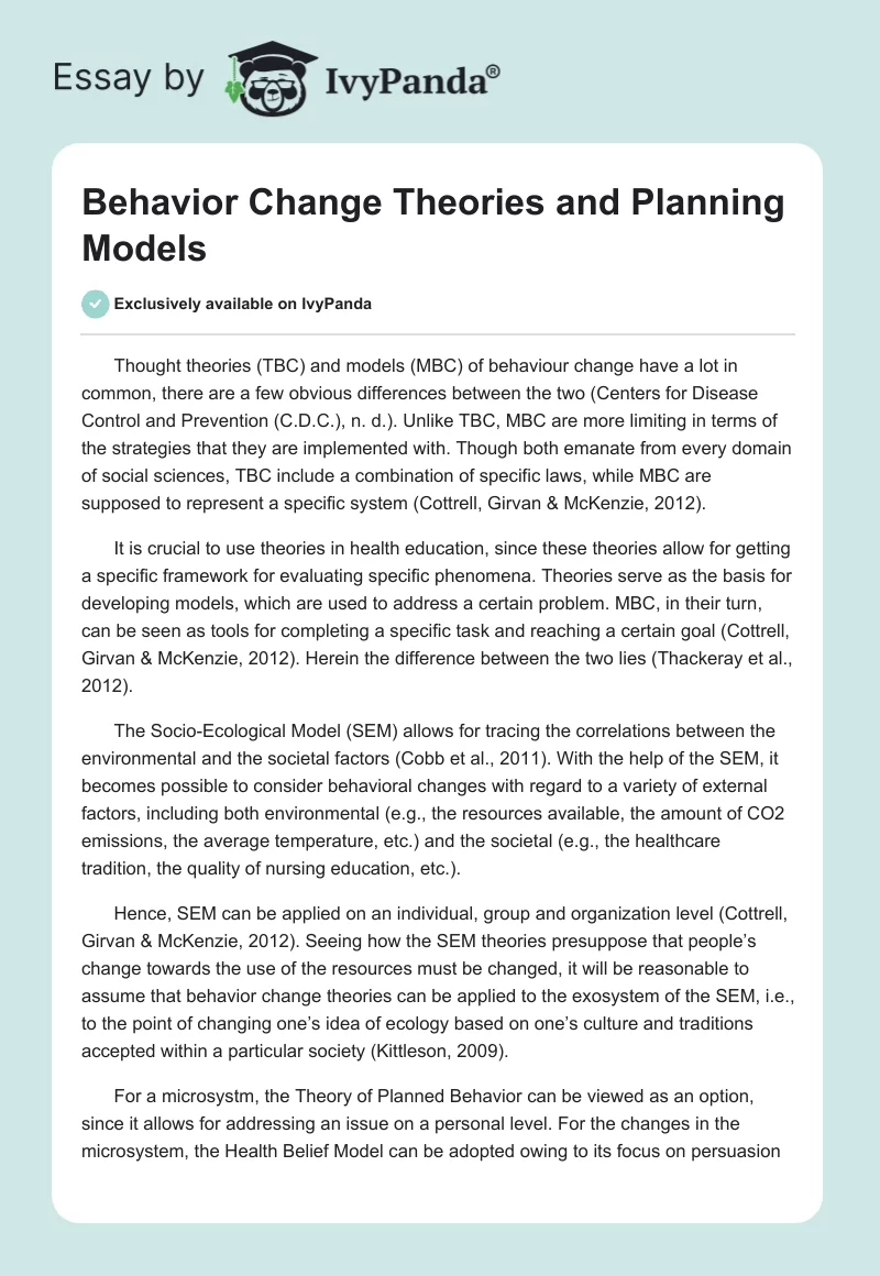 Behavior Change Theories and Planning Models. Page 1
