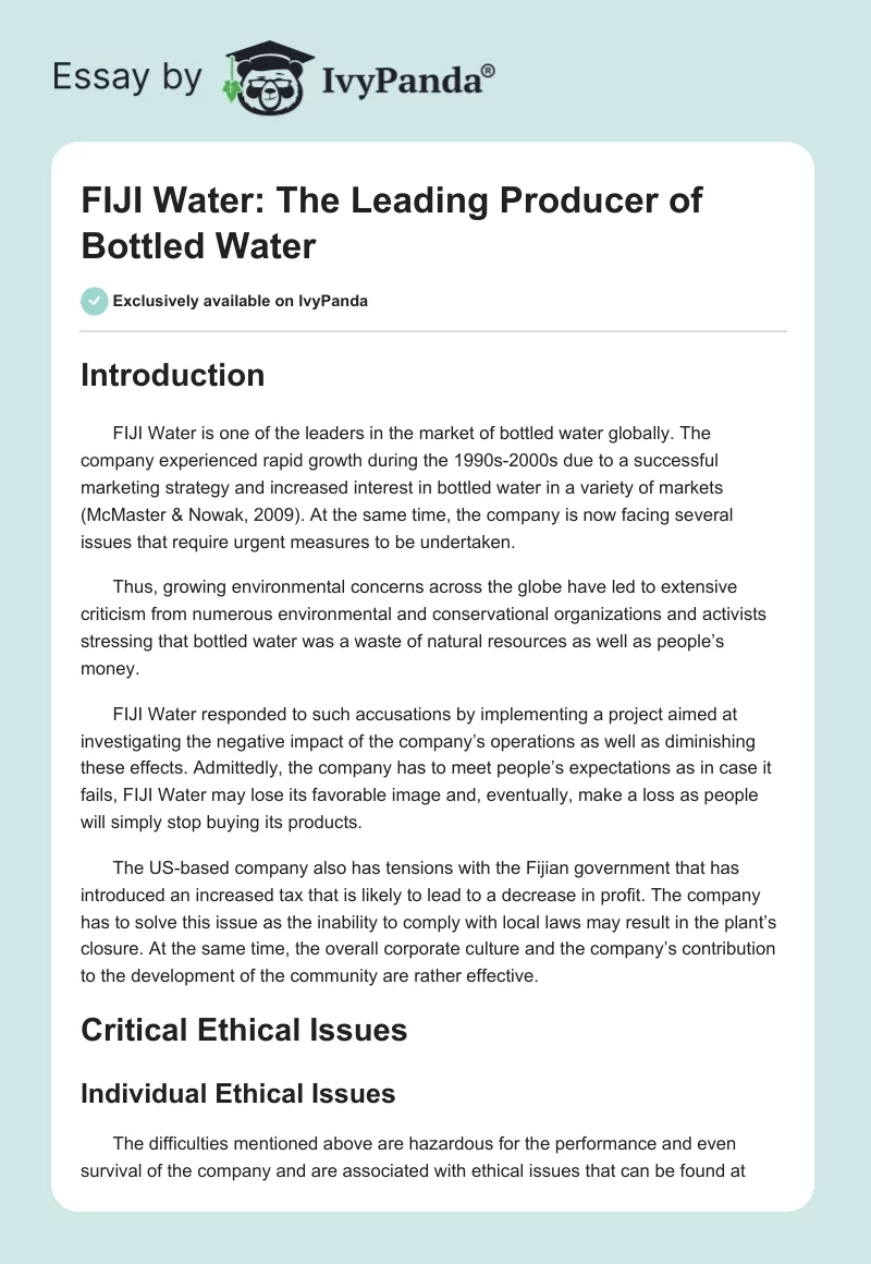 FIJI Water: The Leading Producer of Bottled Water. Page 1