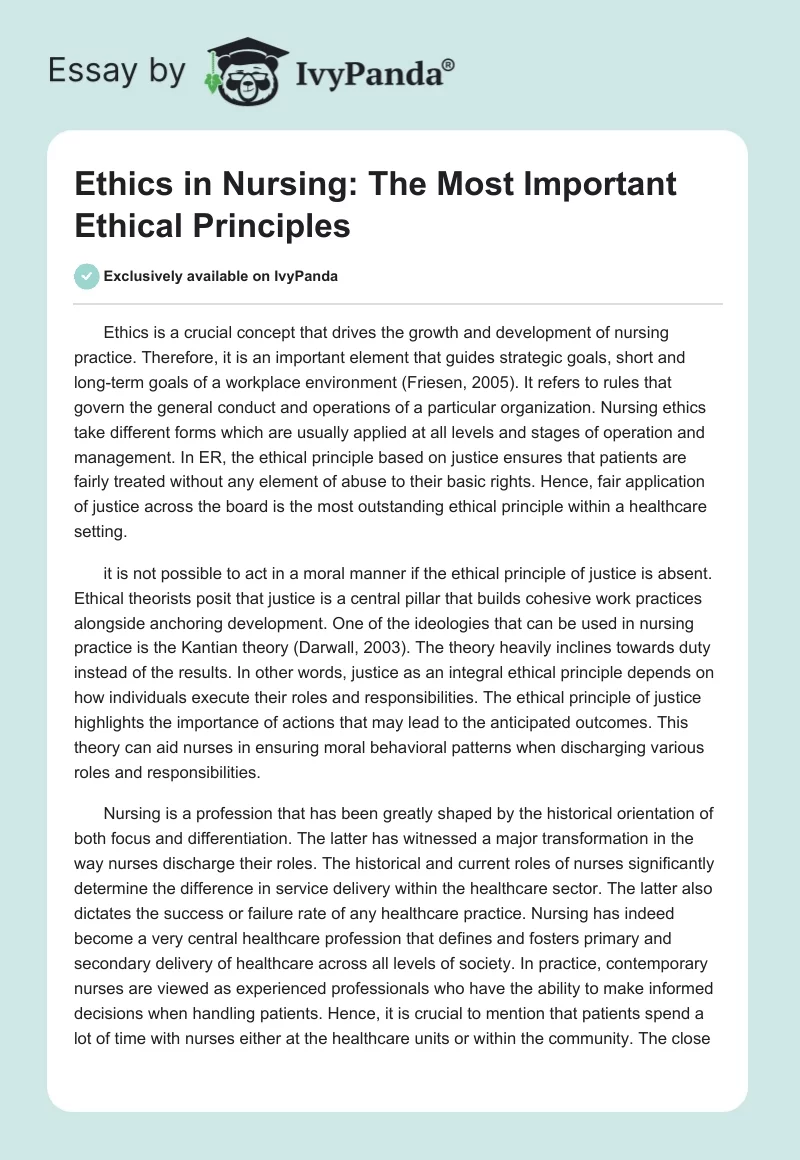 Ethics in Nursing: The Most Important Ethical Principles. Page 1