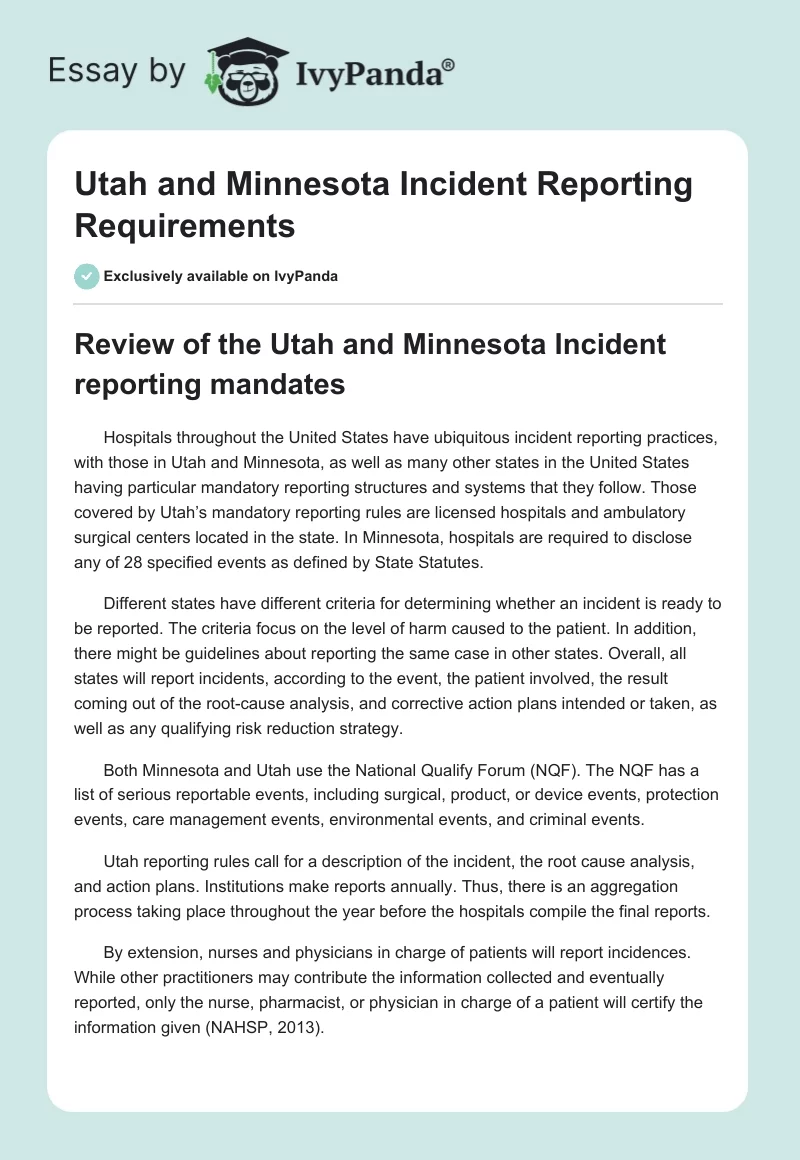 Utah and Minnesota Incident Reporting Requirements. Page 1