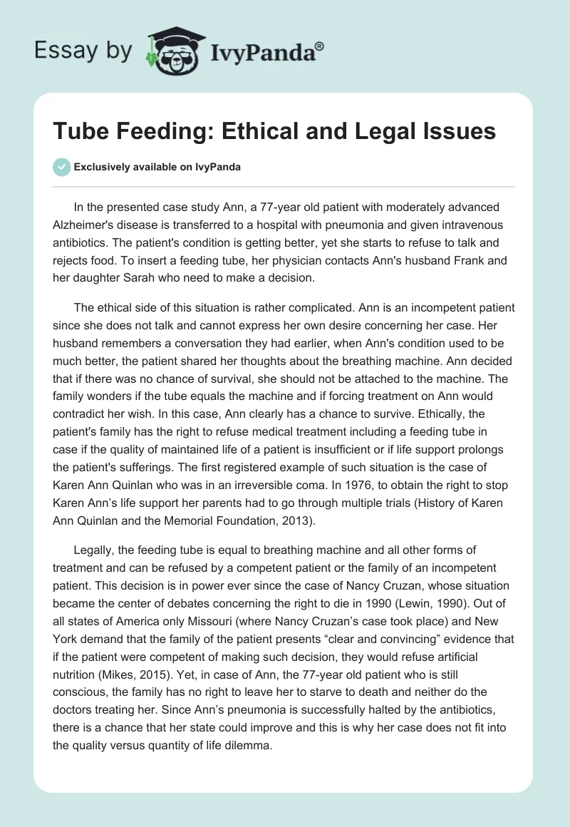 Tube Feeding: Ethical and Legal Issues. Page 1