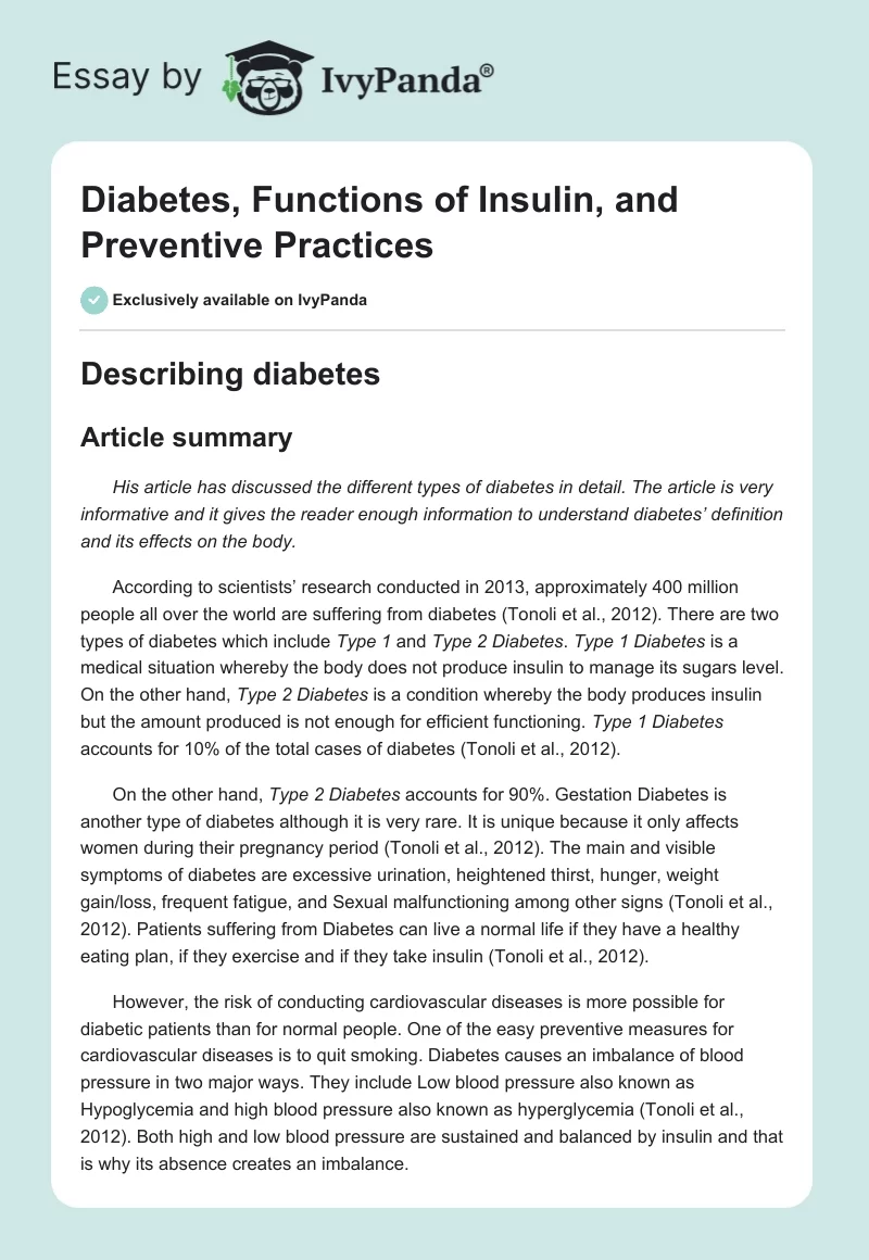 Diabetes, Functions of Insulin, and Preventive Practices. Page 1