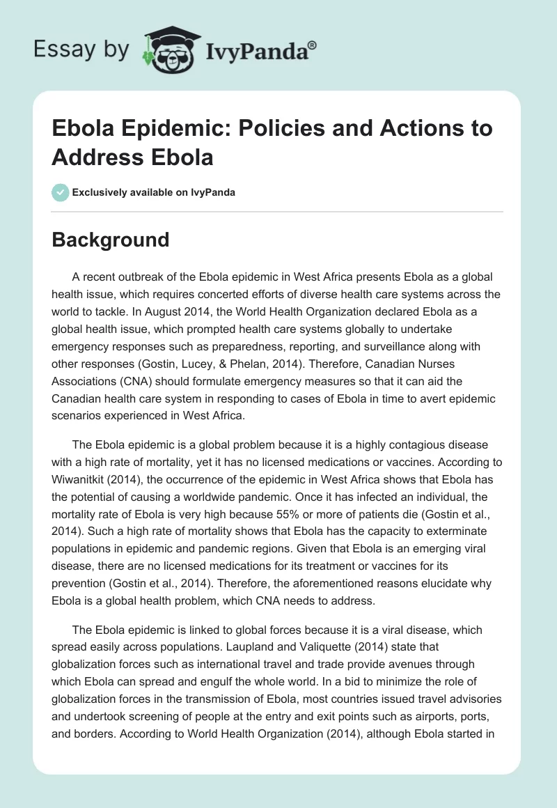 Ebola Epidemic: Policies and Actions to Address Ebola. Page 1