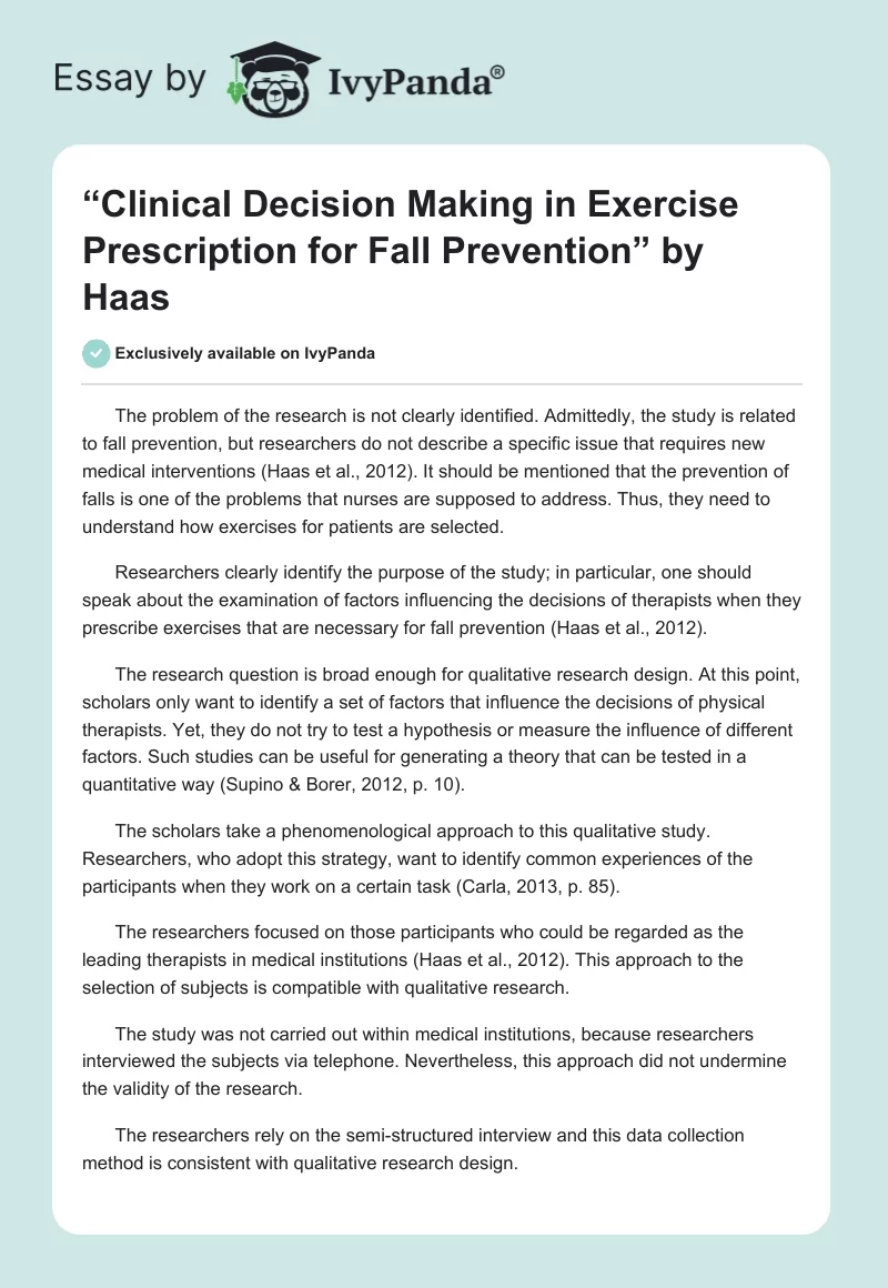 “Clinical Decision Making in Exercise Prescription for Fall Prevention” by Haas. Page 1