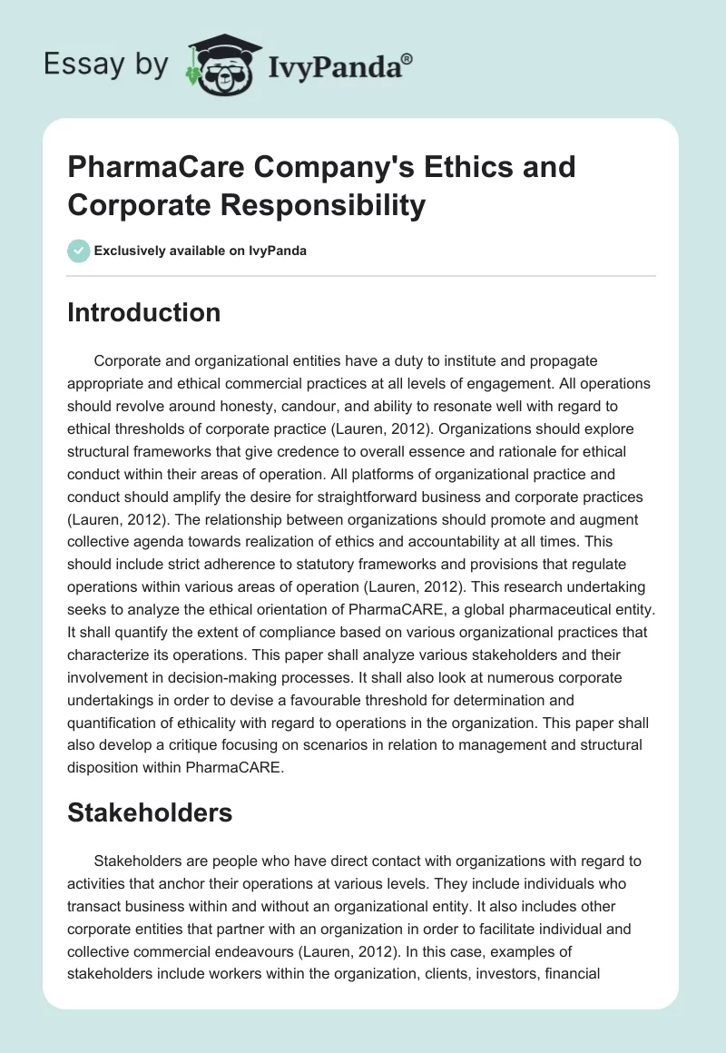 PharmaCare Company's Ethics and Corporate Responsibility. Page 1