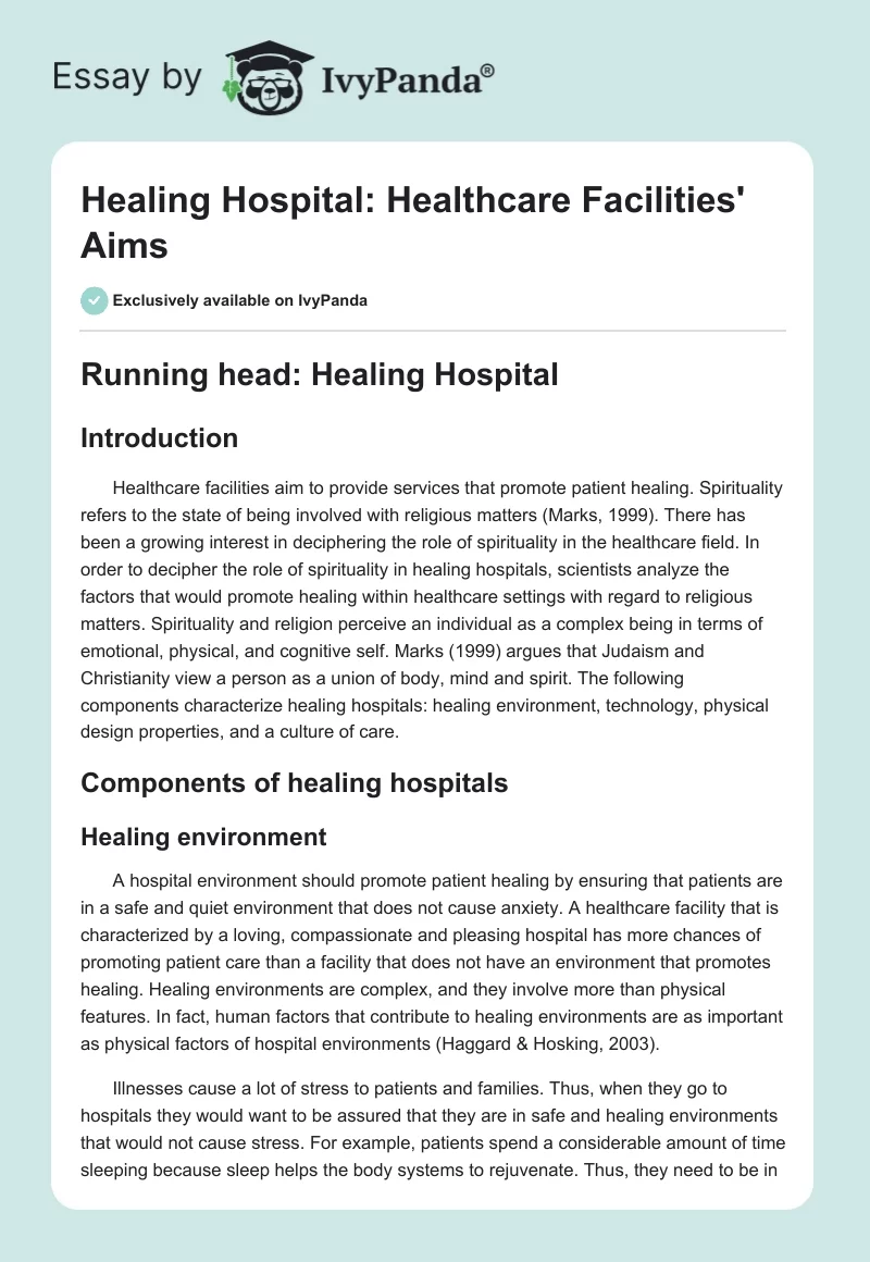 Healing Hospital: Healthcare Facilities' Aims. Page 1
