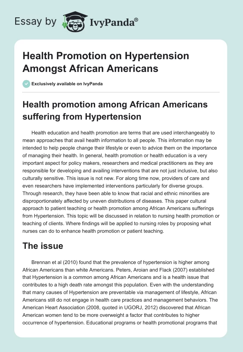 Health Promotion on Hypertension Amongst African Americans. Page 1