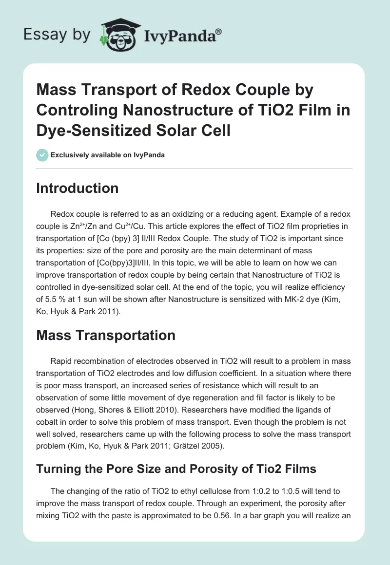 Mass Transport of Redox Couple by Controling Nanostructure of TiO2 Film in Dye-Sensitized Solar Cell. Page 1