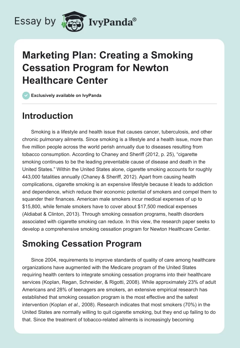 Marketing Plan: Creating a Smoking Cessation Program for Newton Healthcare Center. Page 1