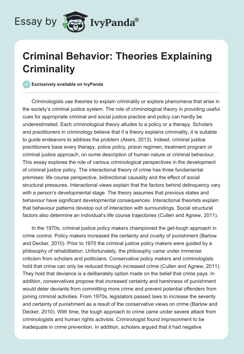 Criminal Behavior: Theories Explaining Criminality. Page 1
