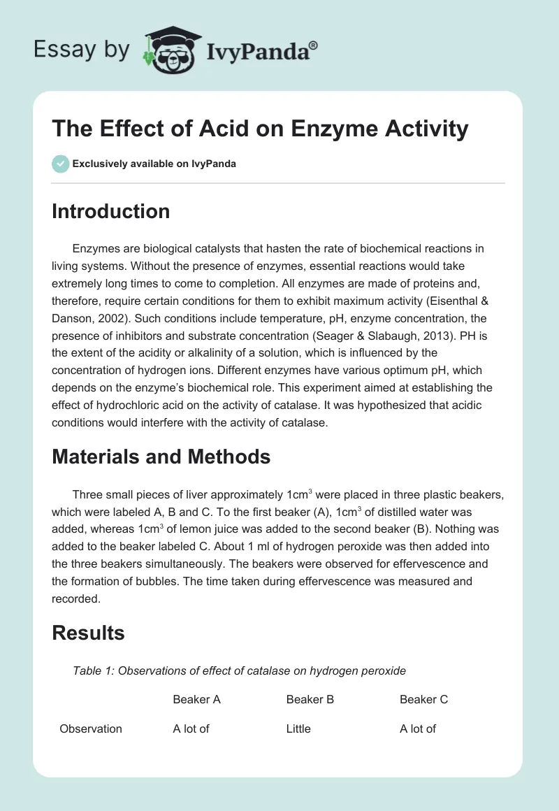 The Effect of Acid on Enzyme Activity. Page 1