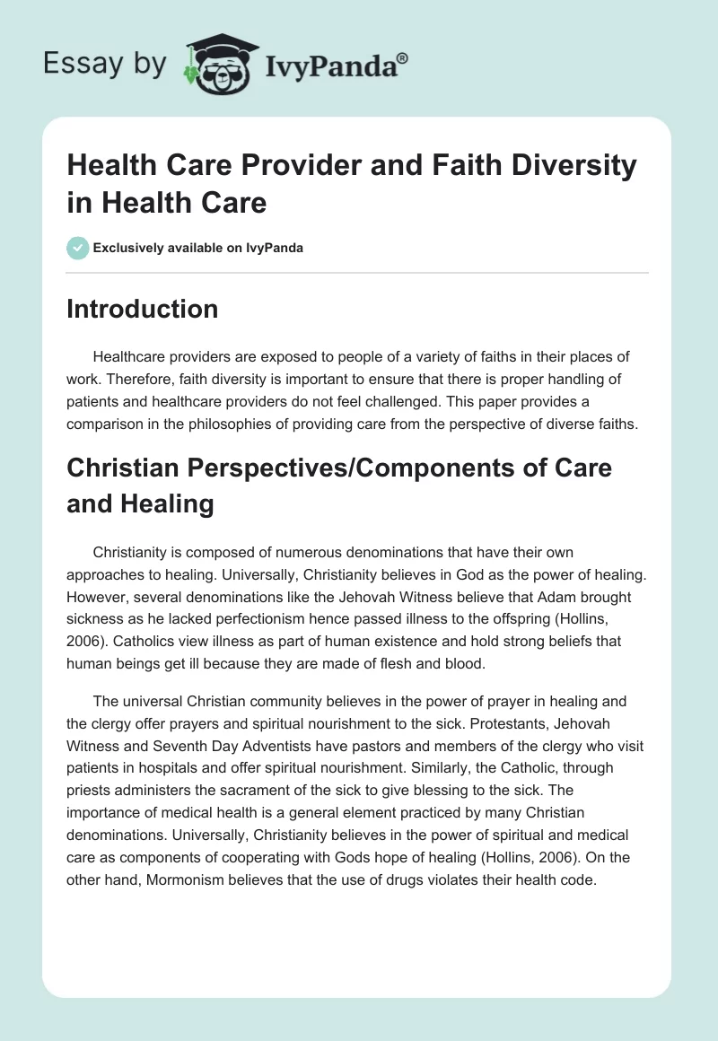 Health Care Provider and Faith Diversity in Health Care. Page 1