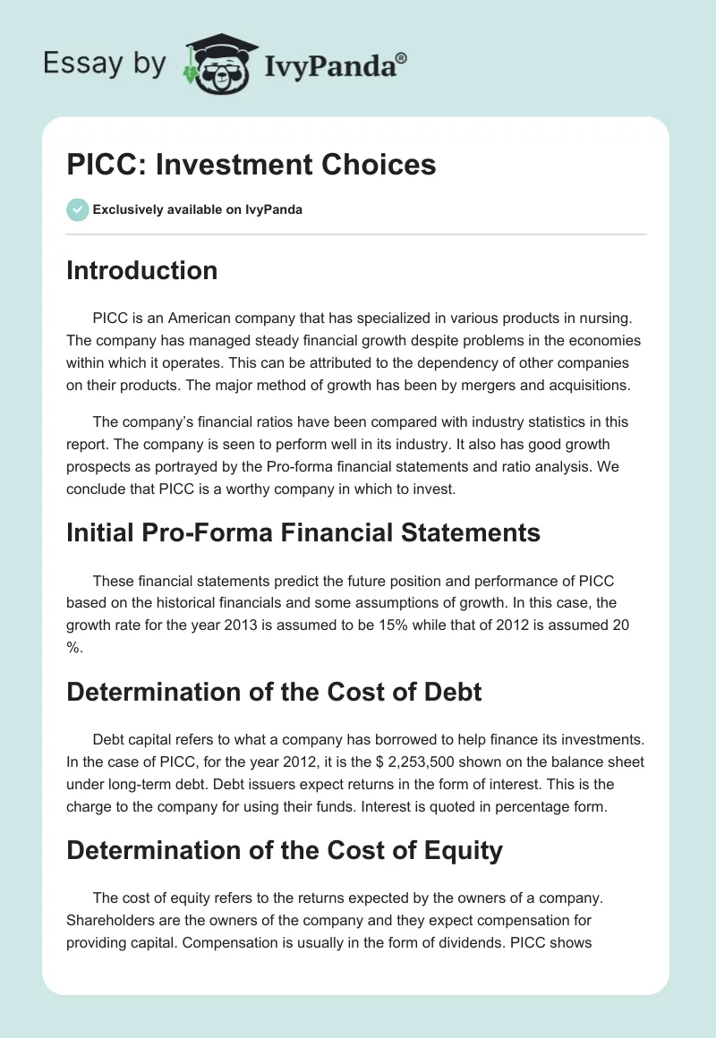 PICC: Investment Choices. Page 1