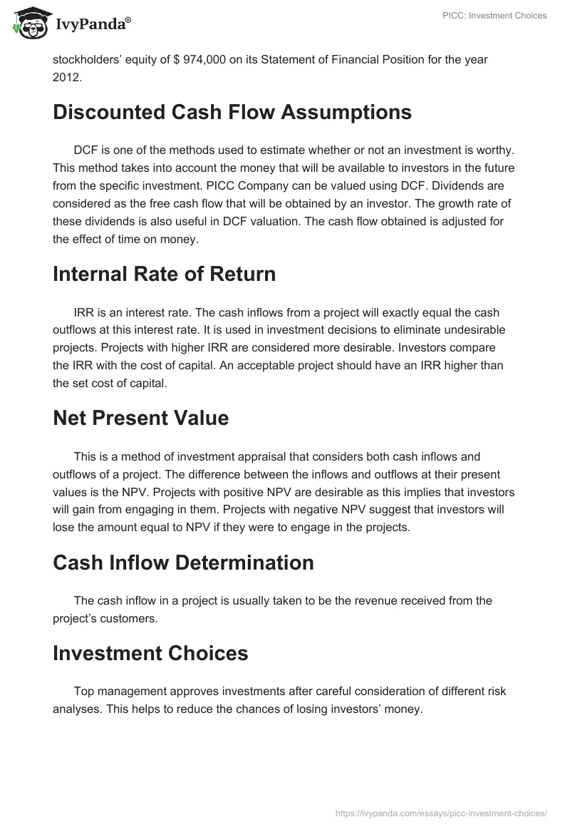 PICC: Investment Choices. Page 2